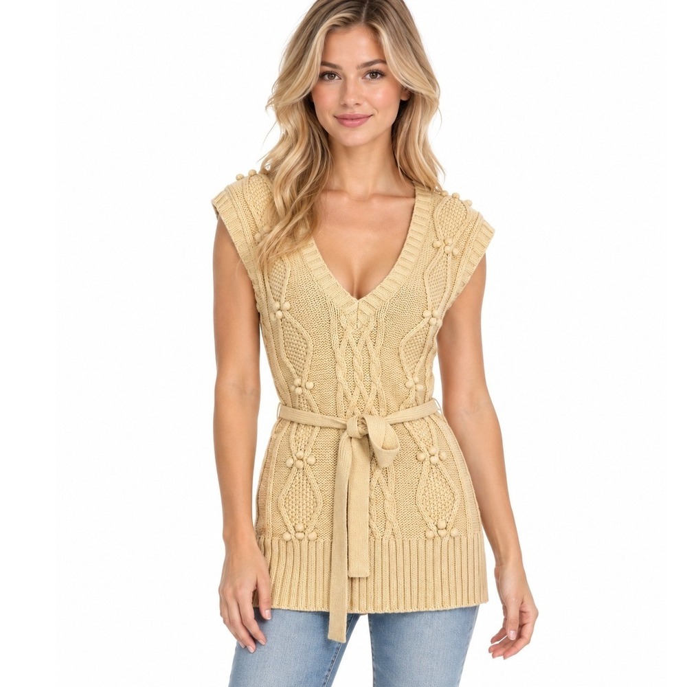 Ann Taylor LOFT Petites Cream Cable Knit PomPom Belted Sweater Vest Cotton | XSP